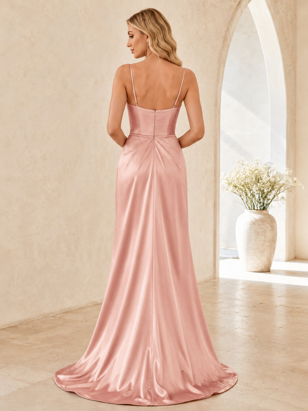 Blush Spaghetti Cowl Neck Draped Satin Sheath Sweep Train Slit Graduation Dress back view