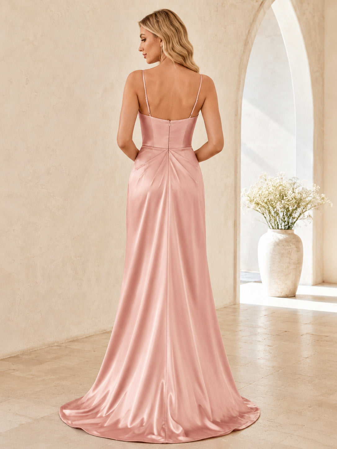 Blush Spaghetti Cowl Neck Draped Satin Sheath Sweep Train Slit Graduation Dress back view