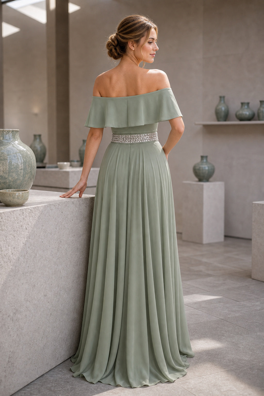 Sage Off-the-Shoulder A-Line Chiffon Floor-Length Dress With Beaded Waist
