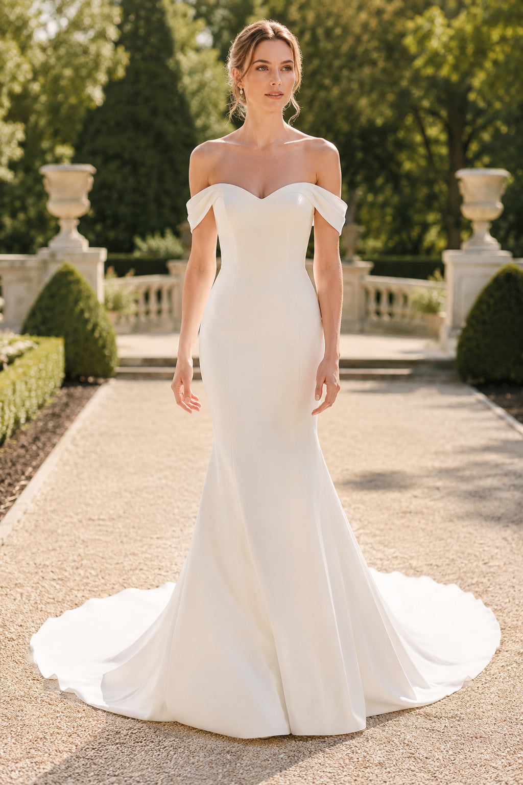 Off-the-Shoulder Satin Mermaid Wedding Dress with Chapel Train front view