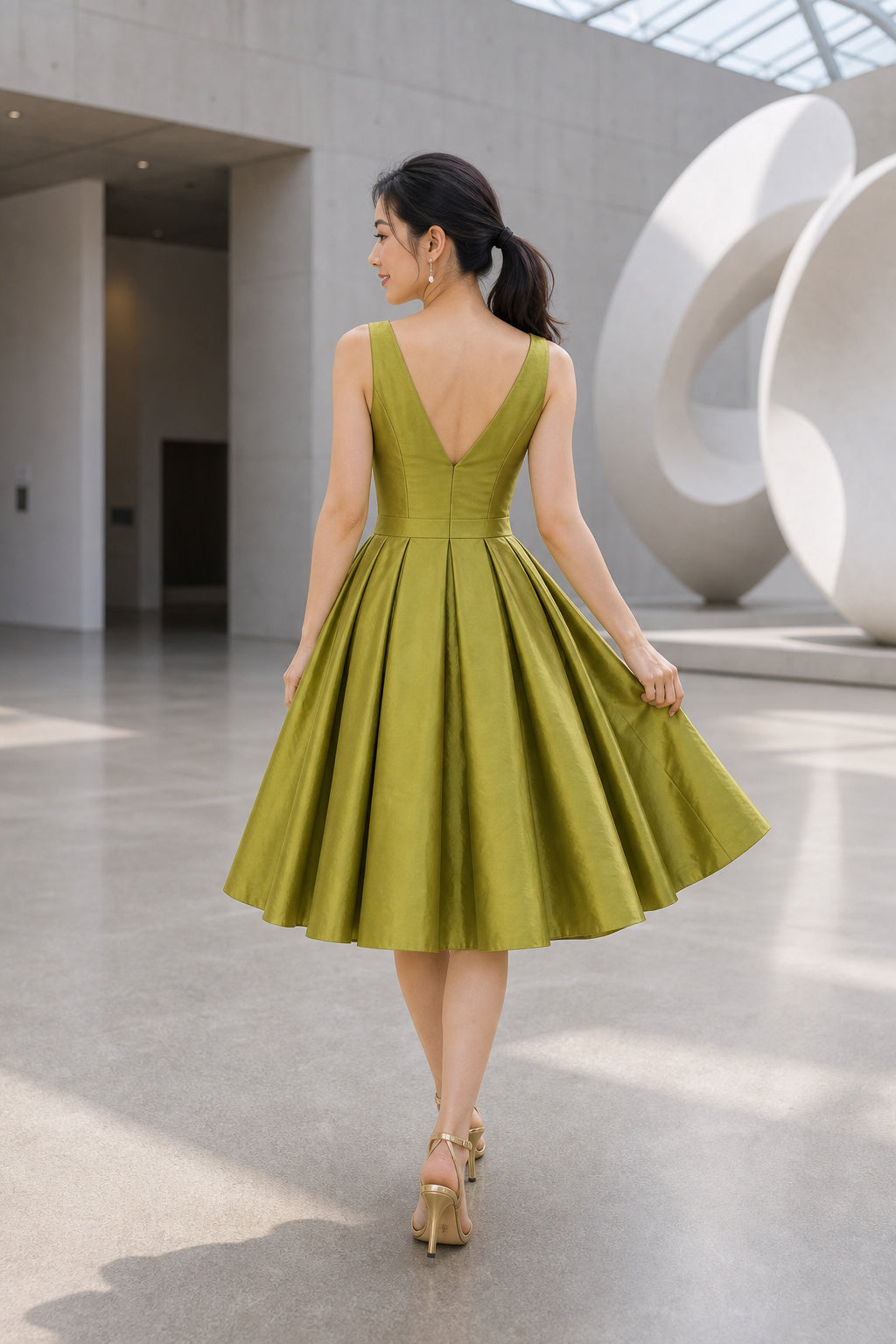 Olive V-neck Sleeveless A-Line Satin Tea-Length Dress With Box Pleats