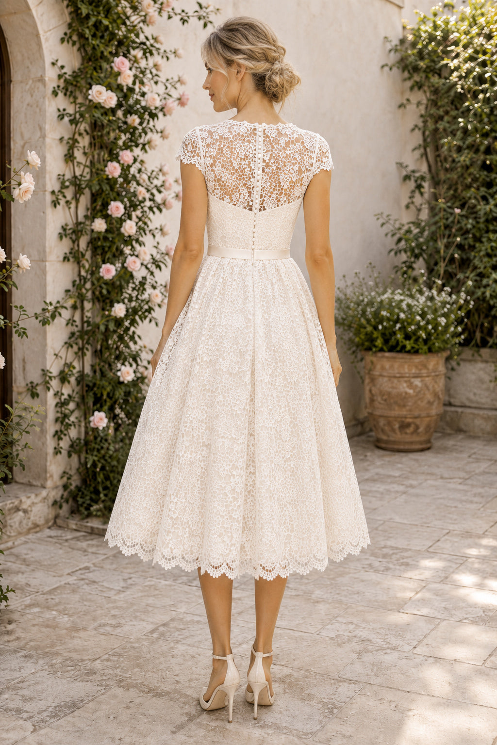 Ivory Cap Sleeve Lace Tea Length Wedding Dress for Wedding Ceremony and Reception back view
