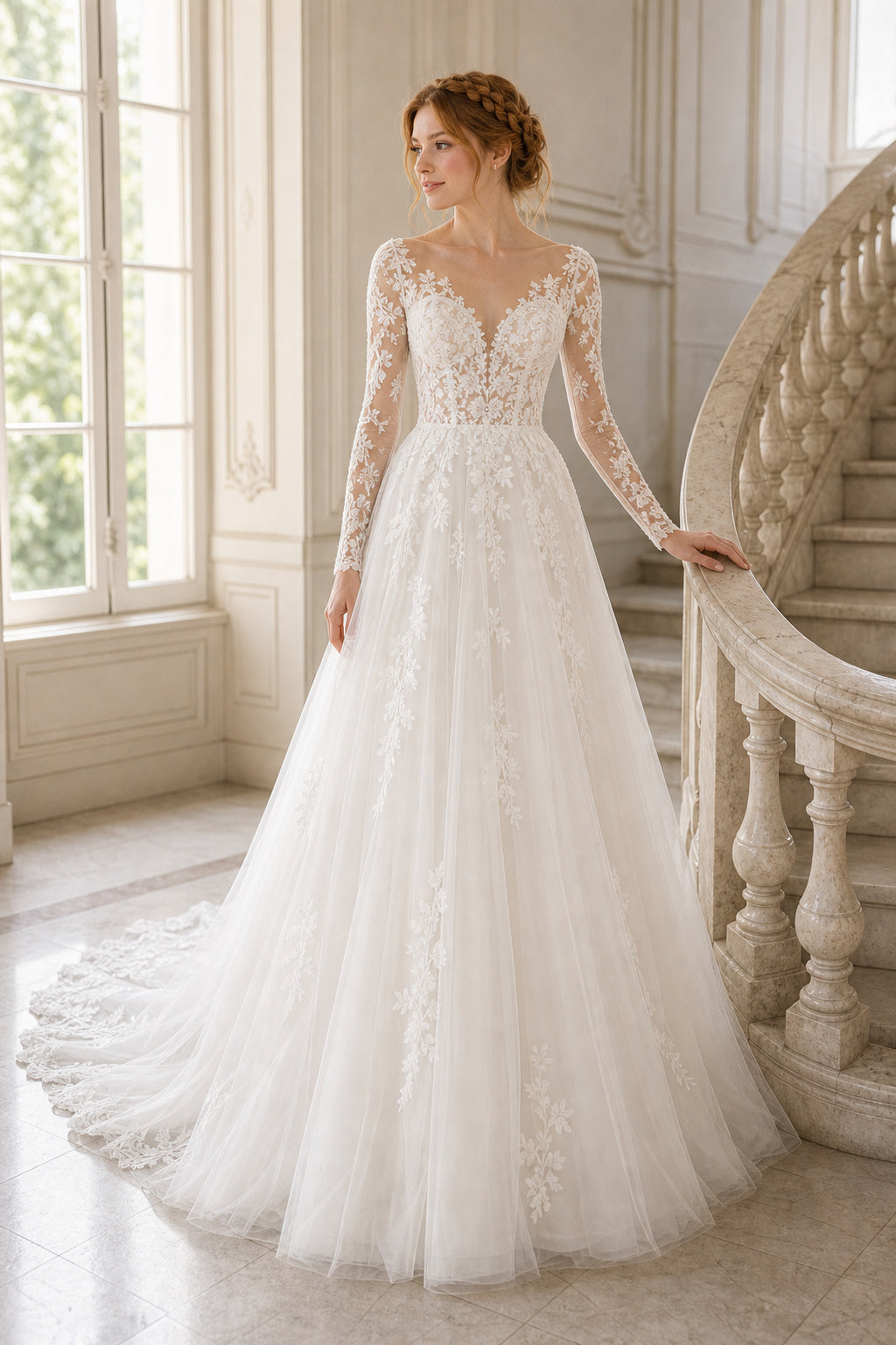 White Scoop Cap Sleeves A-Line Chiffon Floor-length Wedding Dress With Pleated Skirt and Layered Skirt and Open Back