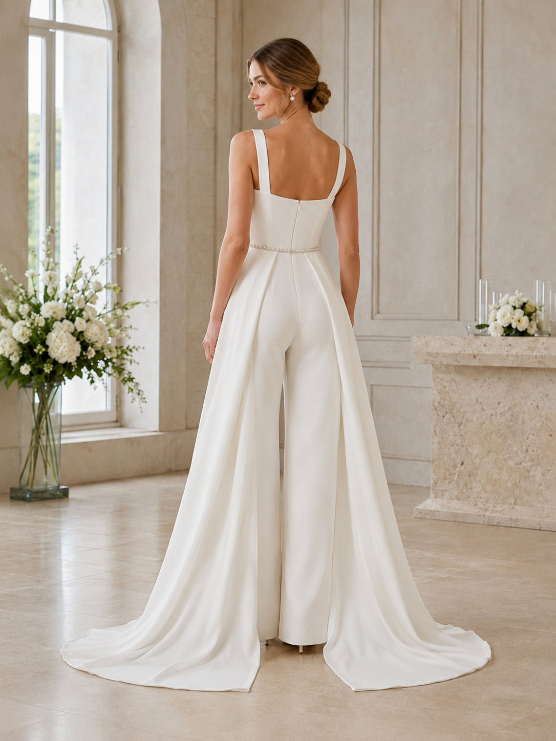 Modern Bridal Jumpsuit Square Neck Straps Wide Leg Train Wedding Outfit back view