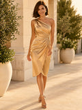 Gold Polished Chiffon Sheath V-neck Knee Length Cocktail Dress front view