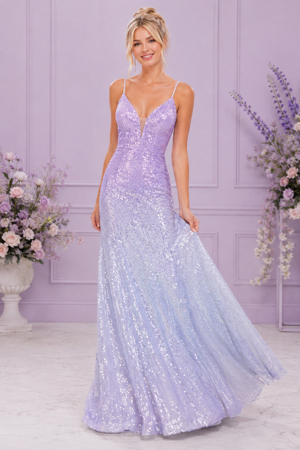 Lavender Sequin A-Line Prom Dress with Spaghetti Straps for Prom Evening and Formal Reception Events front view