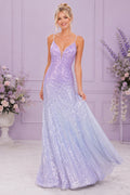 Lavender Sequin A-Line Prom Dress with Spaghetti Straps for Prom Evening and Formal Reception Events front view