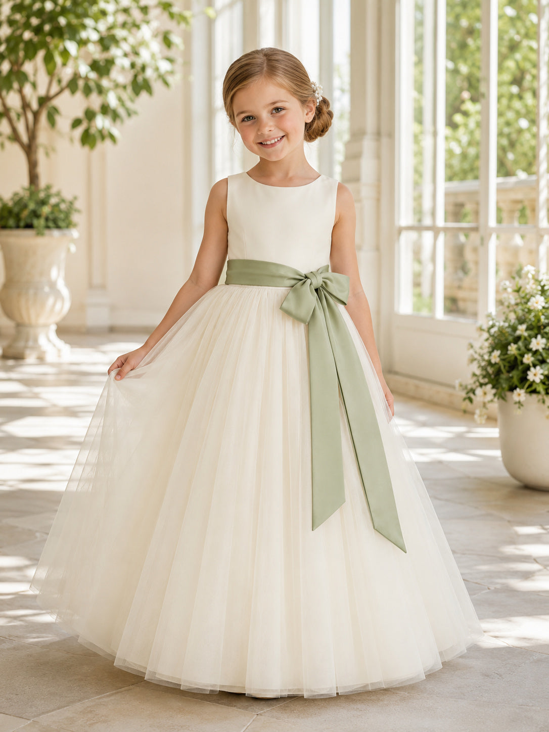 Ivory Bow Sash Tulle A-Line Flower Girl Dress with Jewel Neck, Sleeveless, and Floor-length Skirt front view