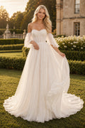 Tulle Organza Wedding Dress A-Line Off Shoulder Puff Sleeve Sweep Train Bridal Gown front view