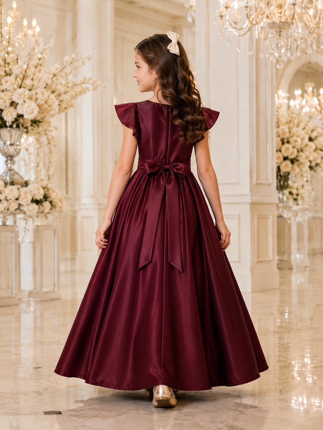 A-Line Flowergirl Satin Floor-Length Cap Sleeve Burgundy Formal Ballroom Wedding Gown with Bow Back back view