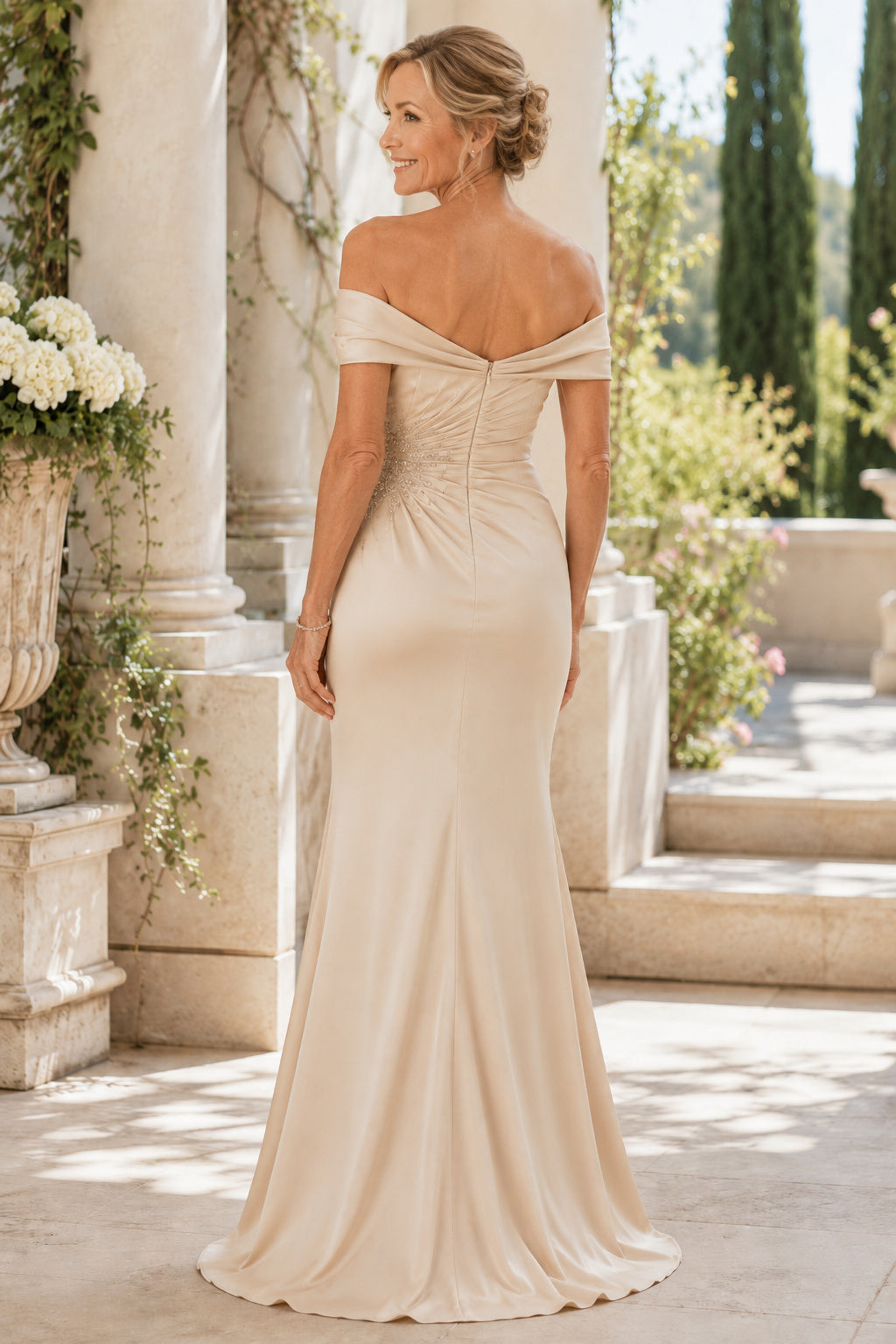 Ivory Off Shoulder Satin Mermaid Mother Dress with Ruching and Beaded Side Detail back view