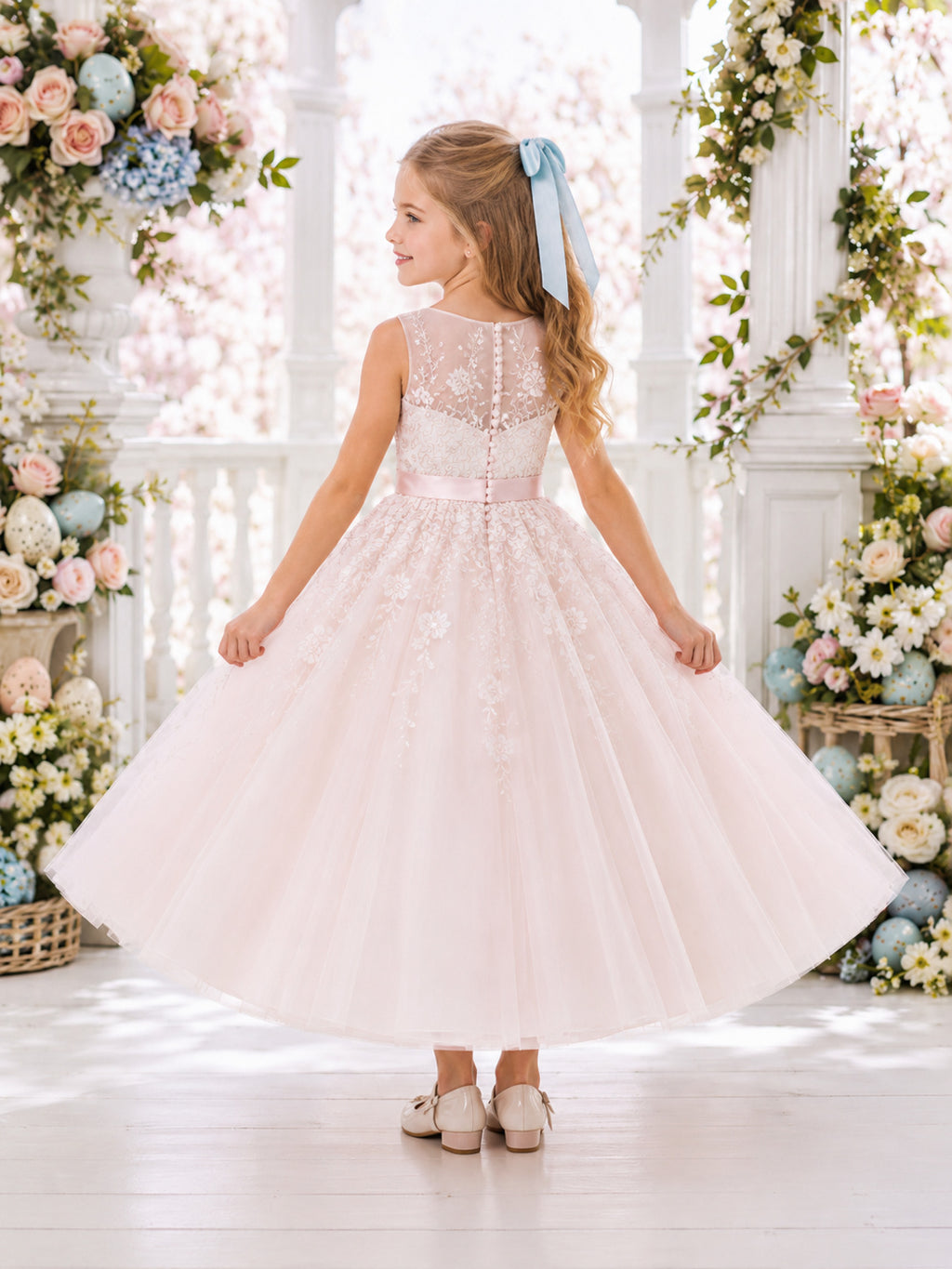 Luxury Romantic Flower Girl Dress Jewel Neck Sleeveless Pearl Pink Tulle Ball Gown Satin Waist back view
