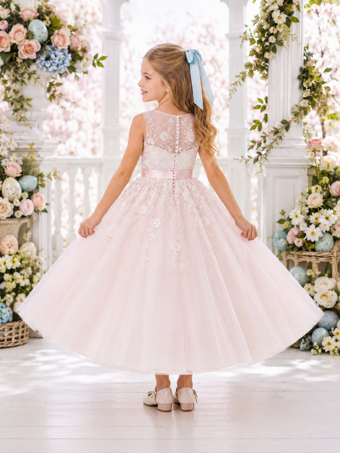 Luxury Romantic Flower Girl Dress Jewel Neck Sleeveless Pearl Pink Tulle Ball Gown Satin Waist back view
