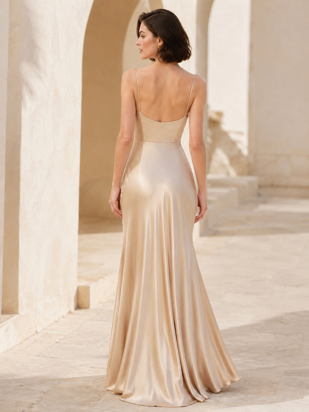 Champagne Cowl Neck Satin Floor Occasion Dress back view