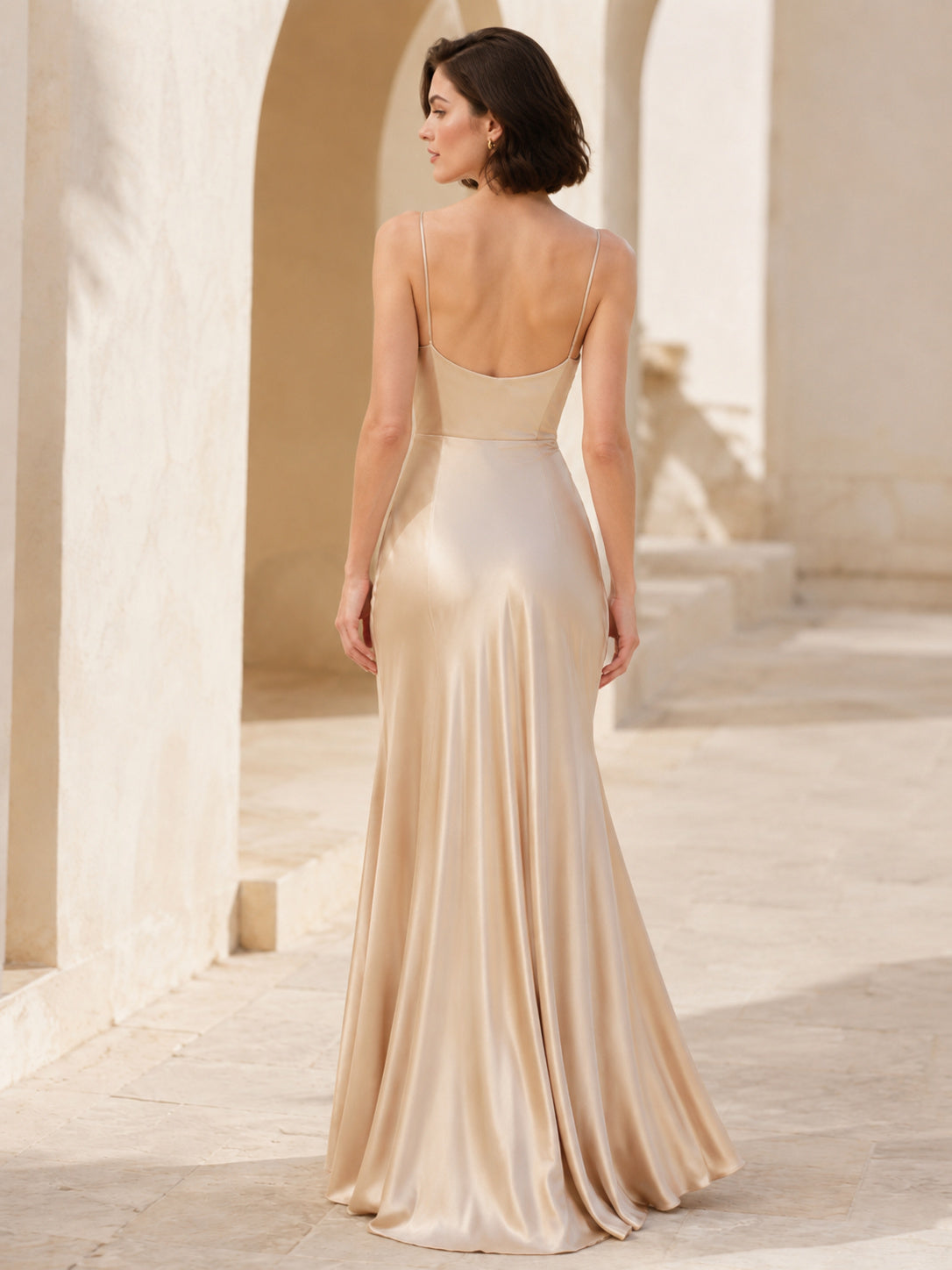 Champagne Cowl Neck Satin Floor Occasion Dress back view