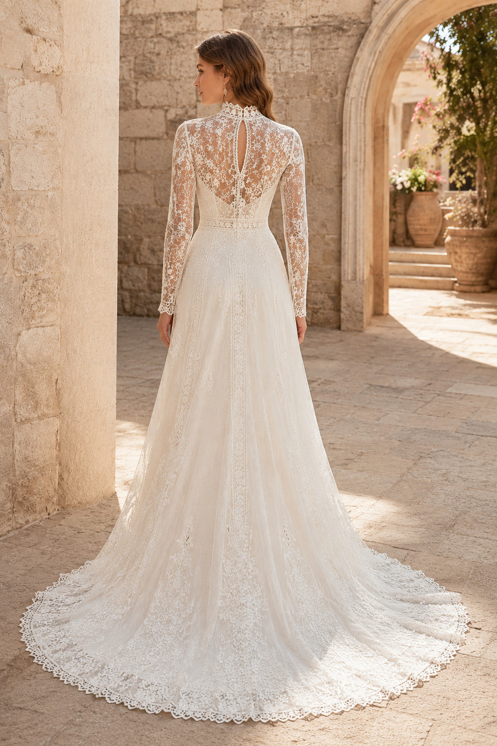 Ivory High Neck Long Sleeve Lace A-Line Wedding Dress Train for Wedding Ceremony and Reception Style MG_701490 back view