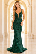 Dark Green Spaghetti Strap Sequined Mermaid Prom Dress with Deep V Neck and Low Back front view