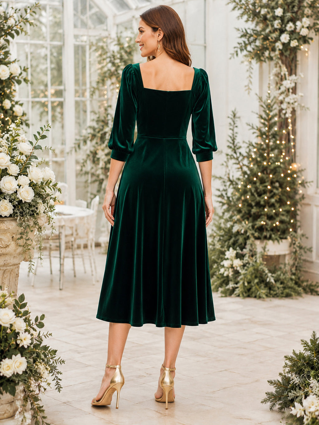 Dark Green Square Neck Velvet Tea Length Guest Dress back view