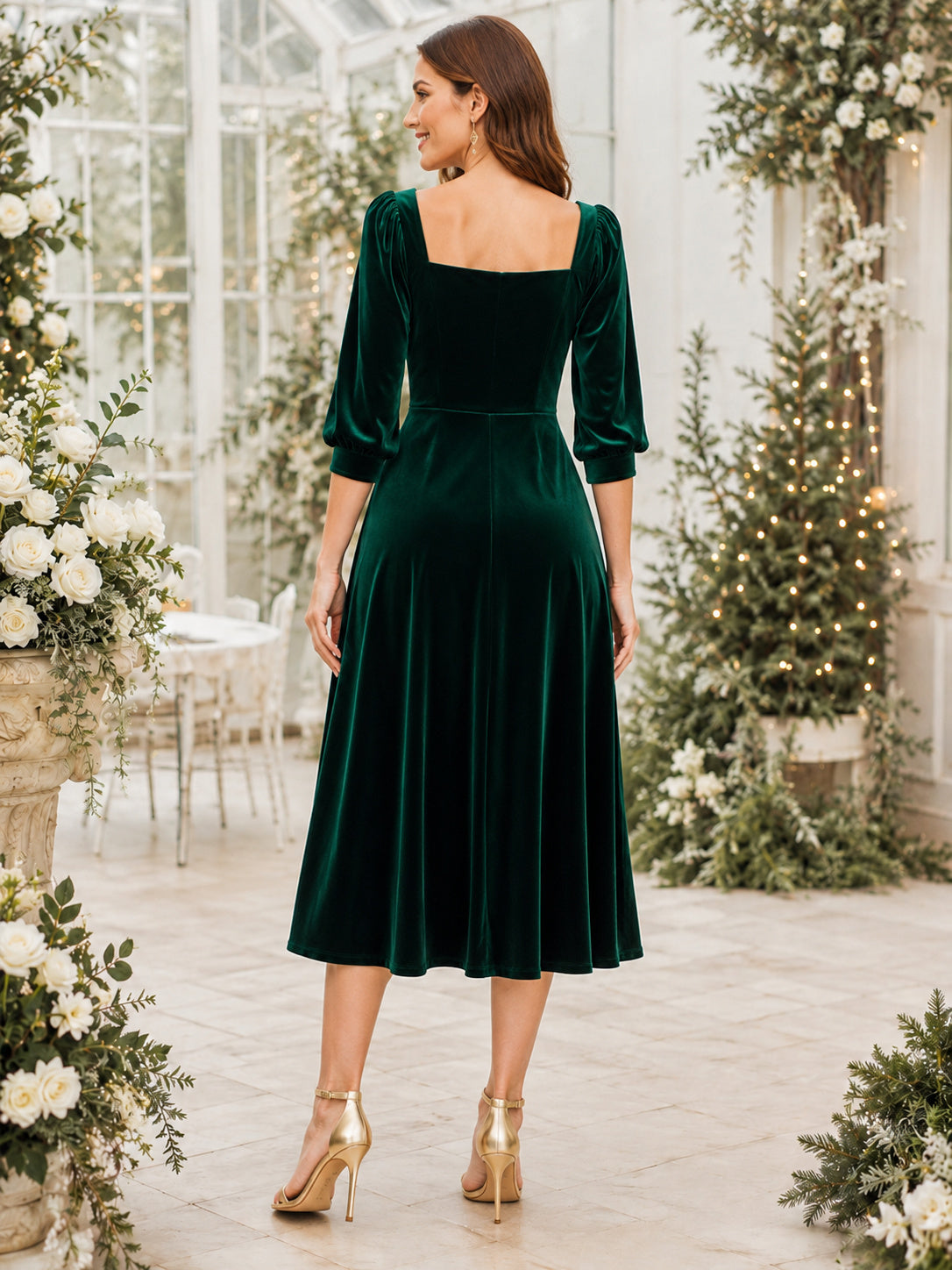 Dark Green Square Neck Velvet Tea Length Guest Dress back view