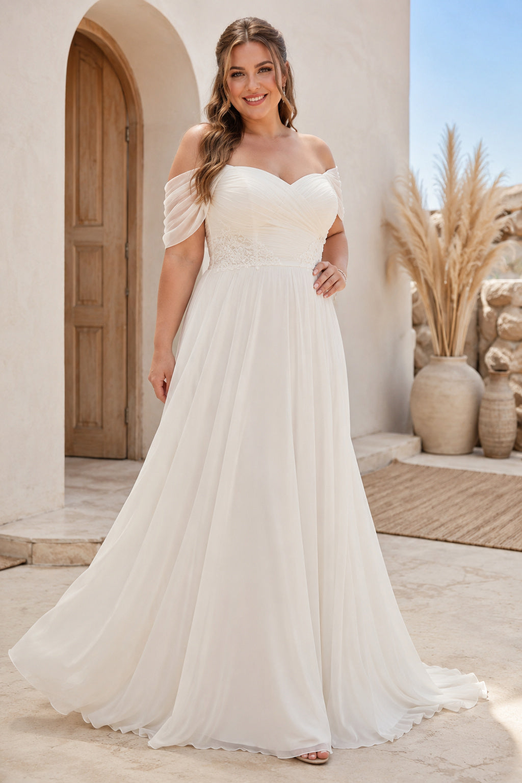 Plus Size Ivory Off-the-Shoulder Sweetheart Draped Sleeve Lace Tulle A-Line Wedding Dress with Draped Sleeves and Simple Tull