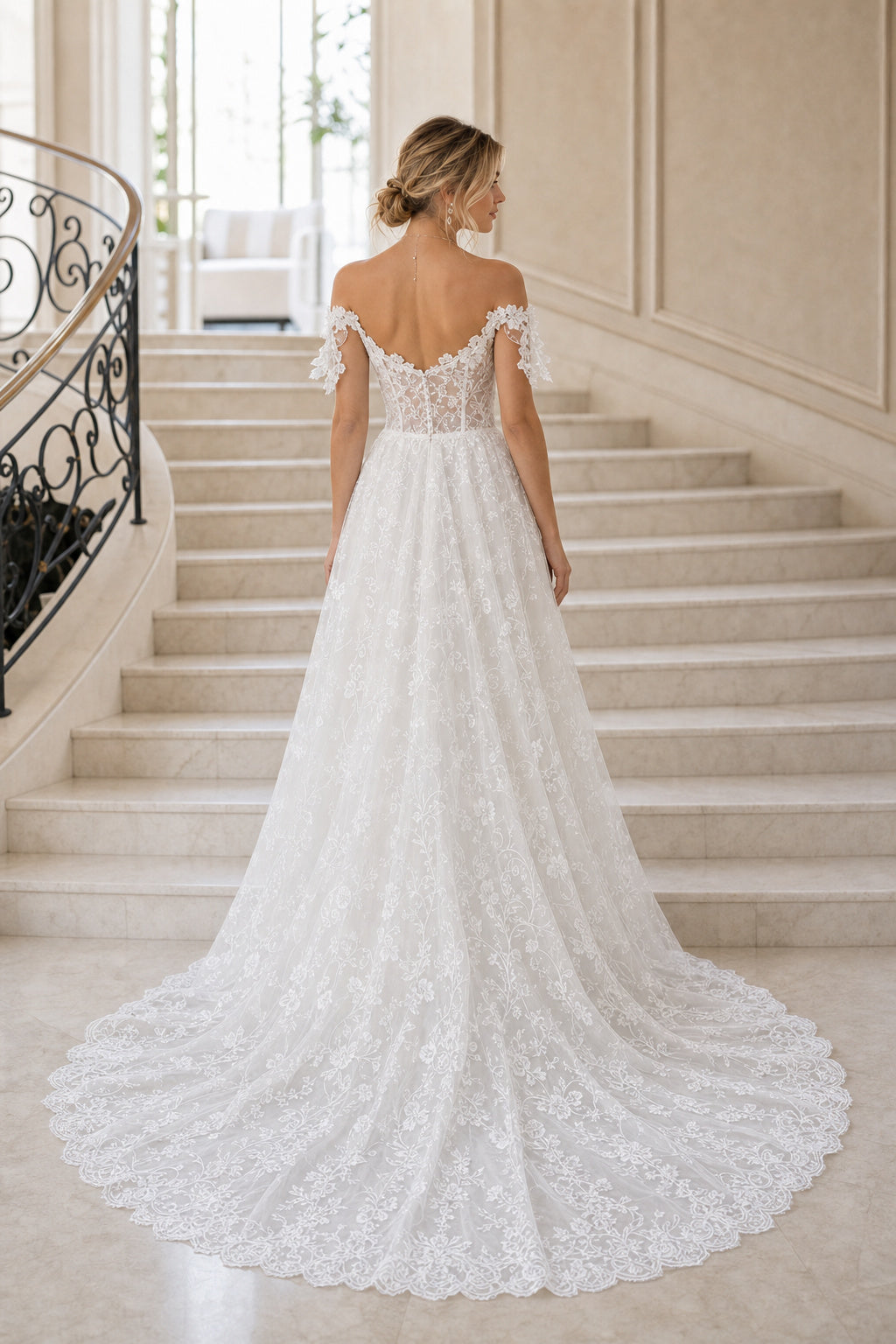 White Bateau Three-Quarter Sleeves A-Line Crepe Floor-length Wedding Dress With Lace Bodice and Sweep Train and Open Back