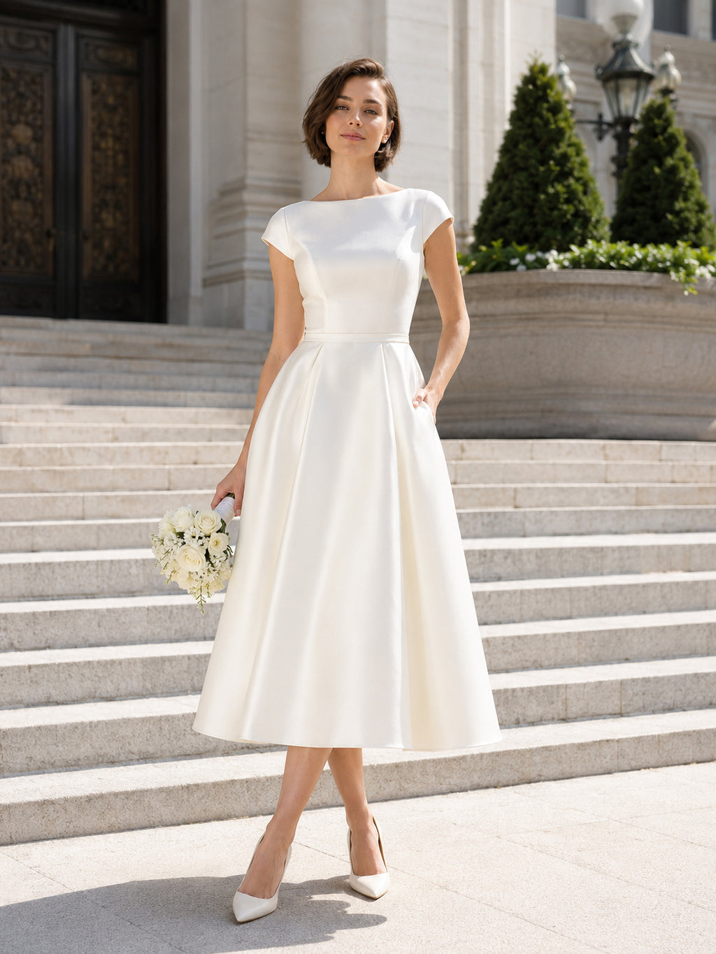 Cap Sleeve Bateau Satin Courthouse Bridal Midi Dress front view