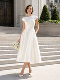 Cap Sleeve Bateau Satin Courthouse Bridal Midi Dress front view