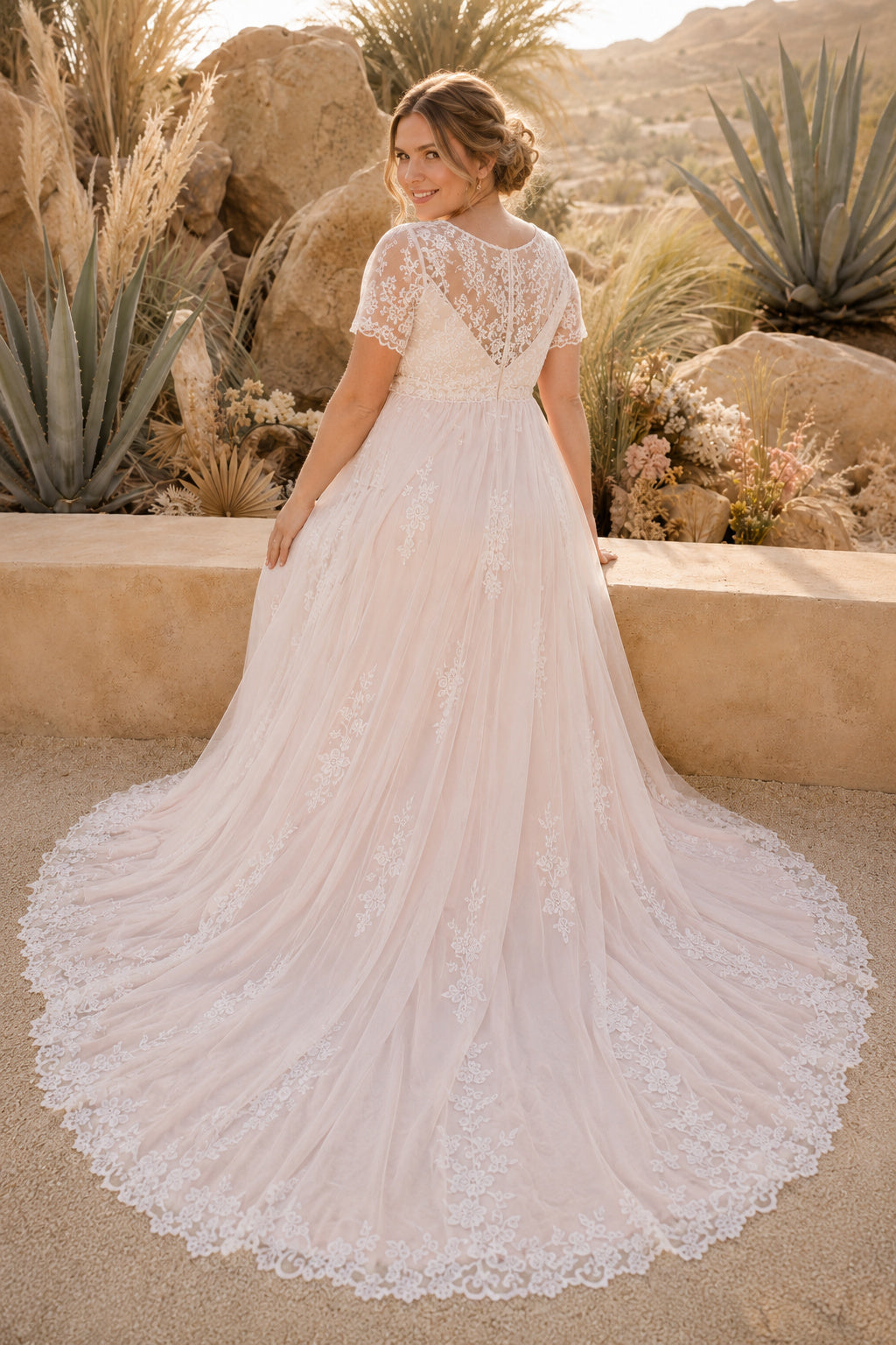 Blushing Pink Cap Sleeve Lace Maternity Wedding Dress with Full Train back view