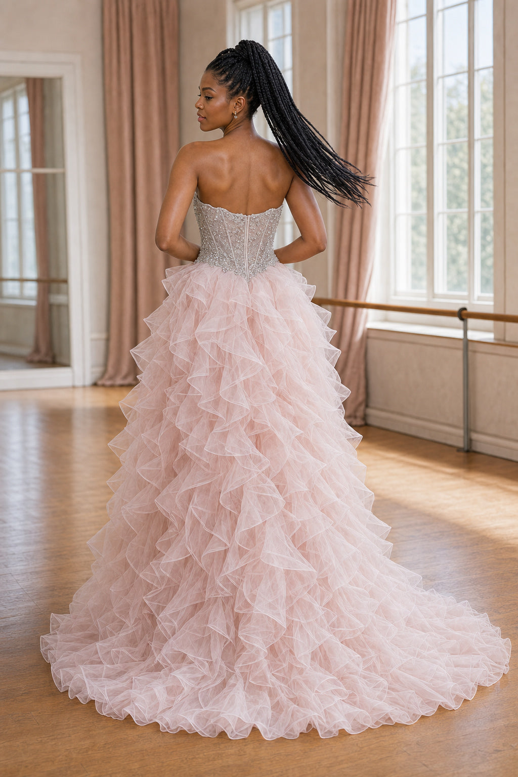 Blush Strapless Sweetheart Ball Gown Tulle High-Low Dress With Ruffle Skirt