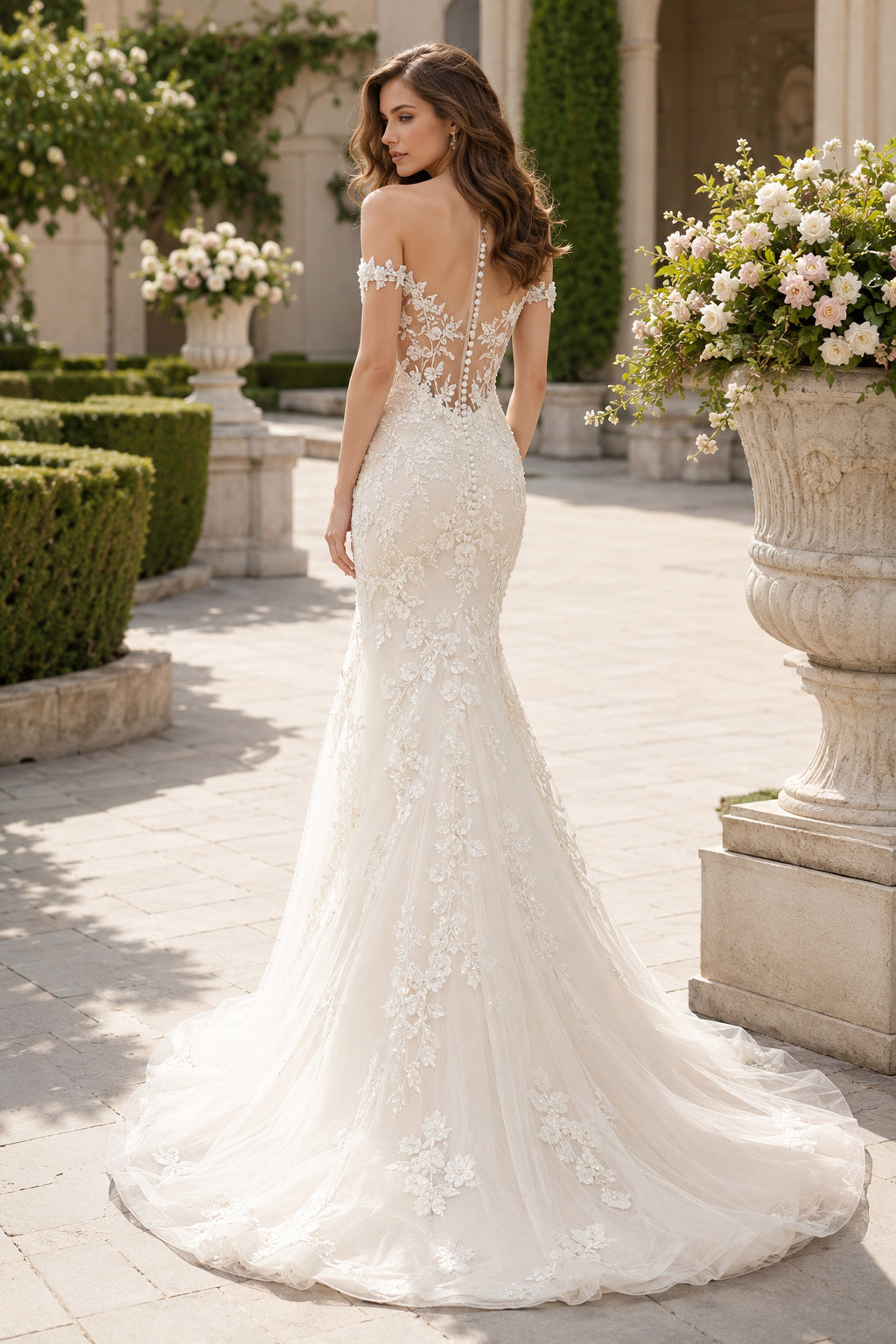 Off-the-Shoulder Lace Mermaid Wedding Dress with Sweep Train back view