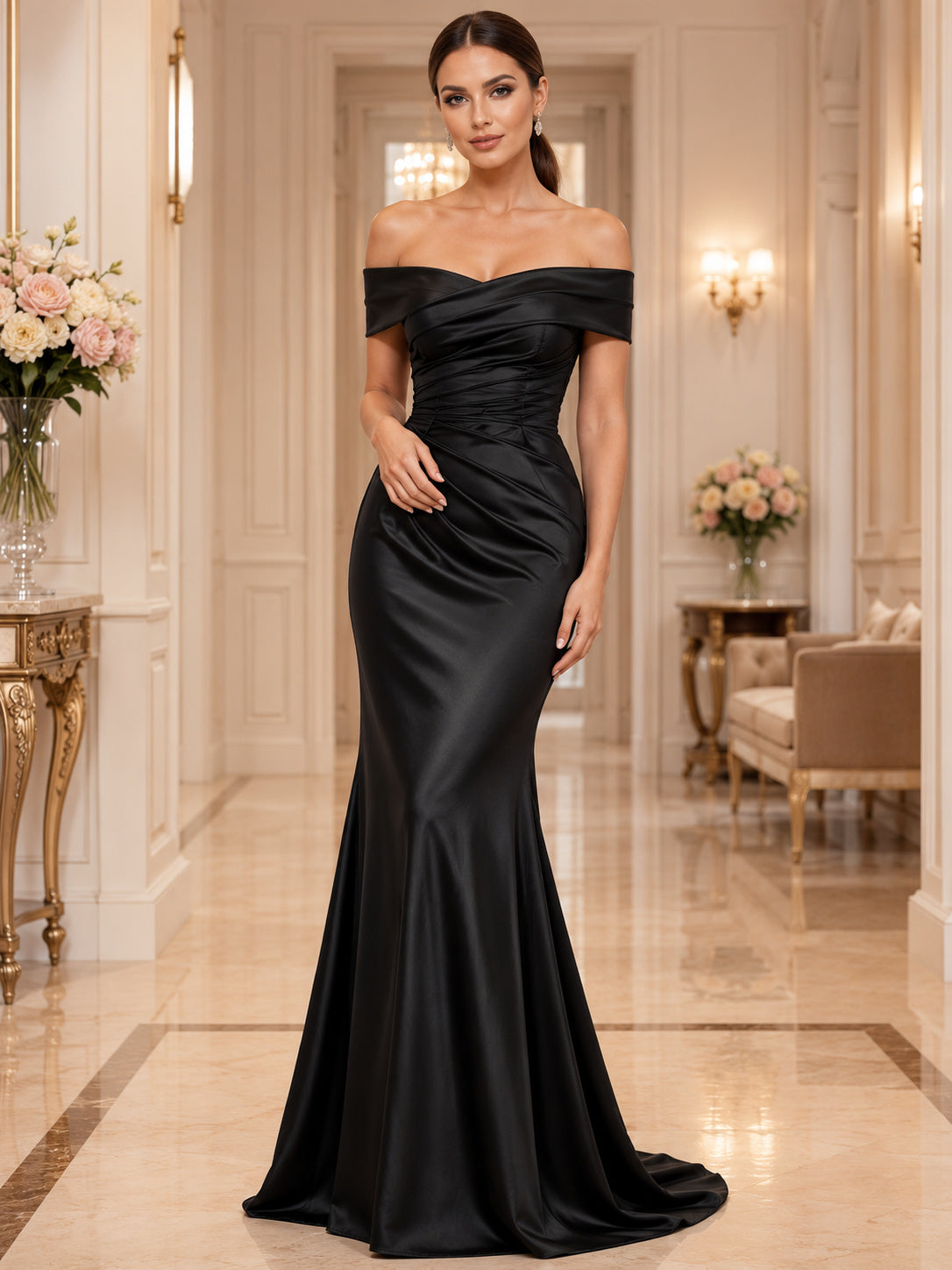 Black Off Shoulder Satin Floor Length Mermaid Evening Formal Dress front view
