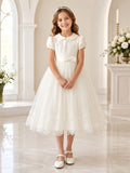 White Peter Pan Collar Puff Sleeve Tulle Communion Tea Dress front view