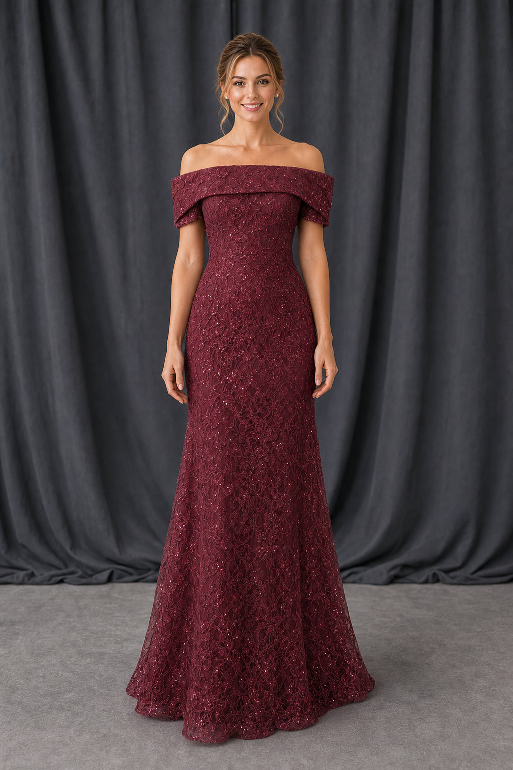Burgundy Off-the-Shoulder Mermaid Lace Floor-Length Dress With Cap Sleeves