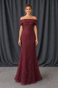 Burgundy Off-the-Shoulder Mermaid Lace Floor-Length Dress With Cap Sleeves
