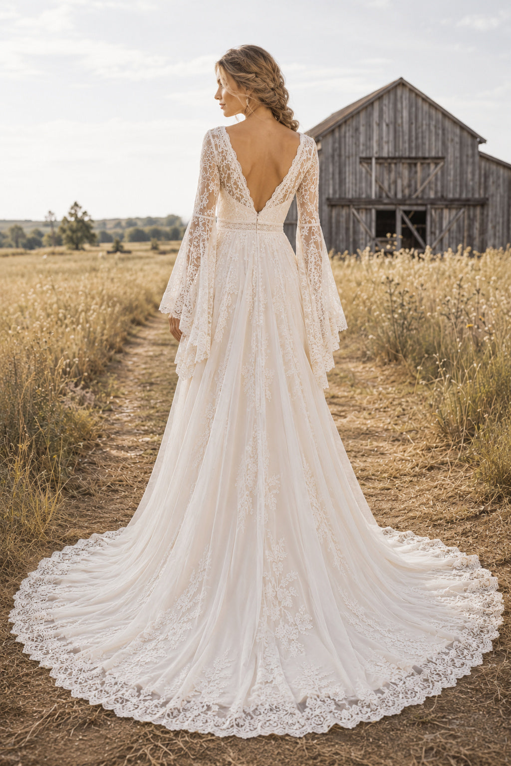 Ivory Long Bell Sleeve Lace A-Line Wedding Dress with Plunging V-Neck back view