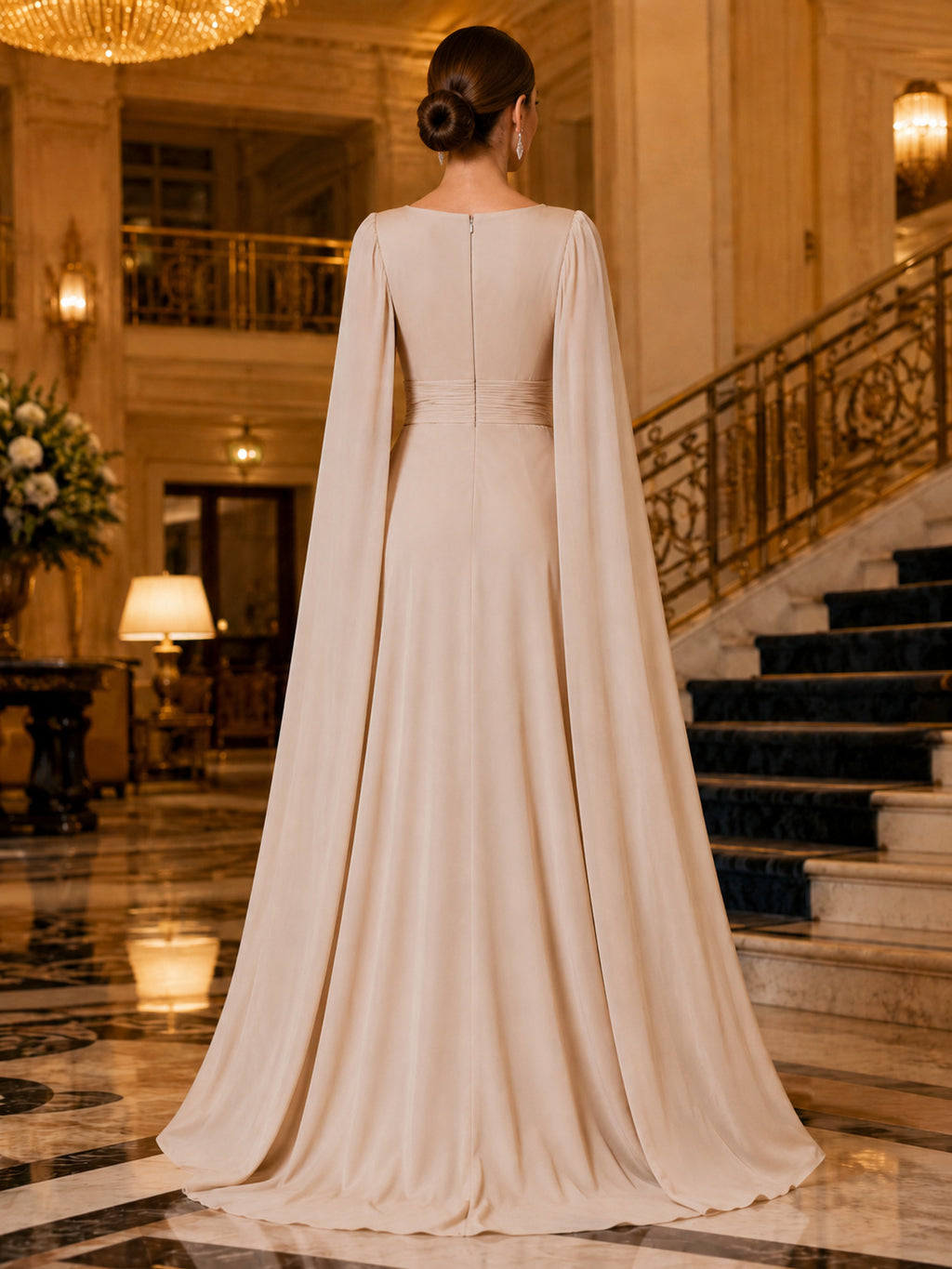 Champagne V Neck Cape Sleeve A Line Formal Evening Gown back view