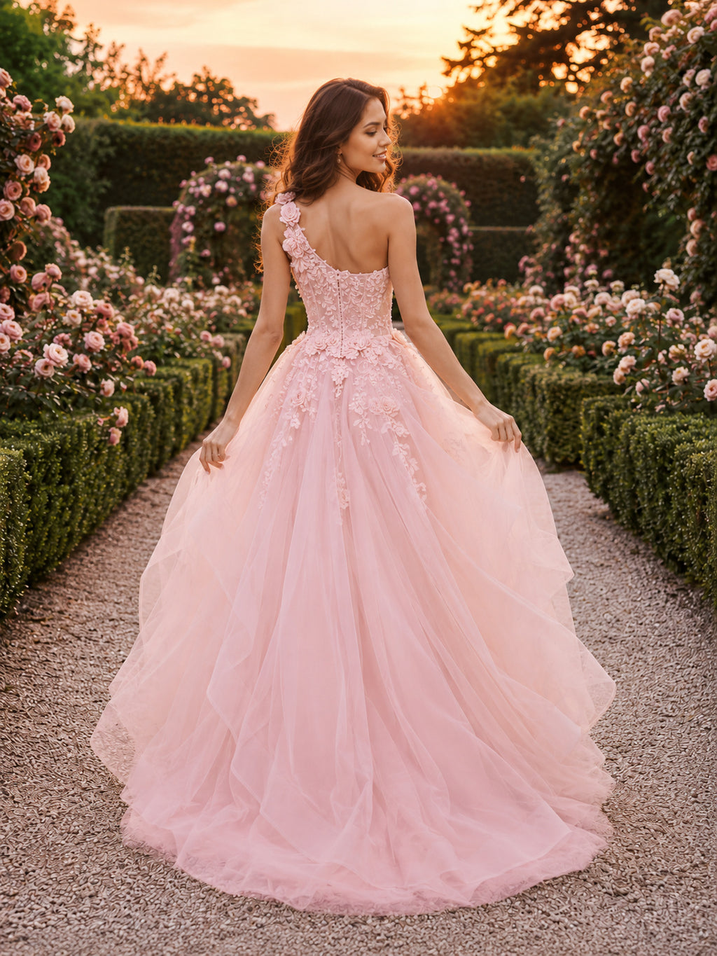 Pink Floral One-Shoulder Tulle Rose Garden Wedding Gown back view