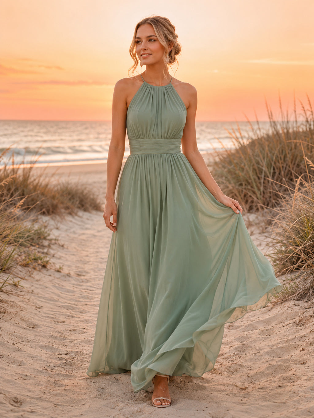 Sage Sunset Beach A-Line Chiffon Bridesmaid Dress with Sleeveless Halter High Neck Bodice, Pleated Floor-Length Skirt and Key