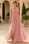Dusty Rose Halter Tulle A-Line Bridesmaid Dress with Pleated Bodice and Soft Skirt front view