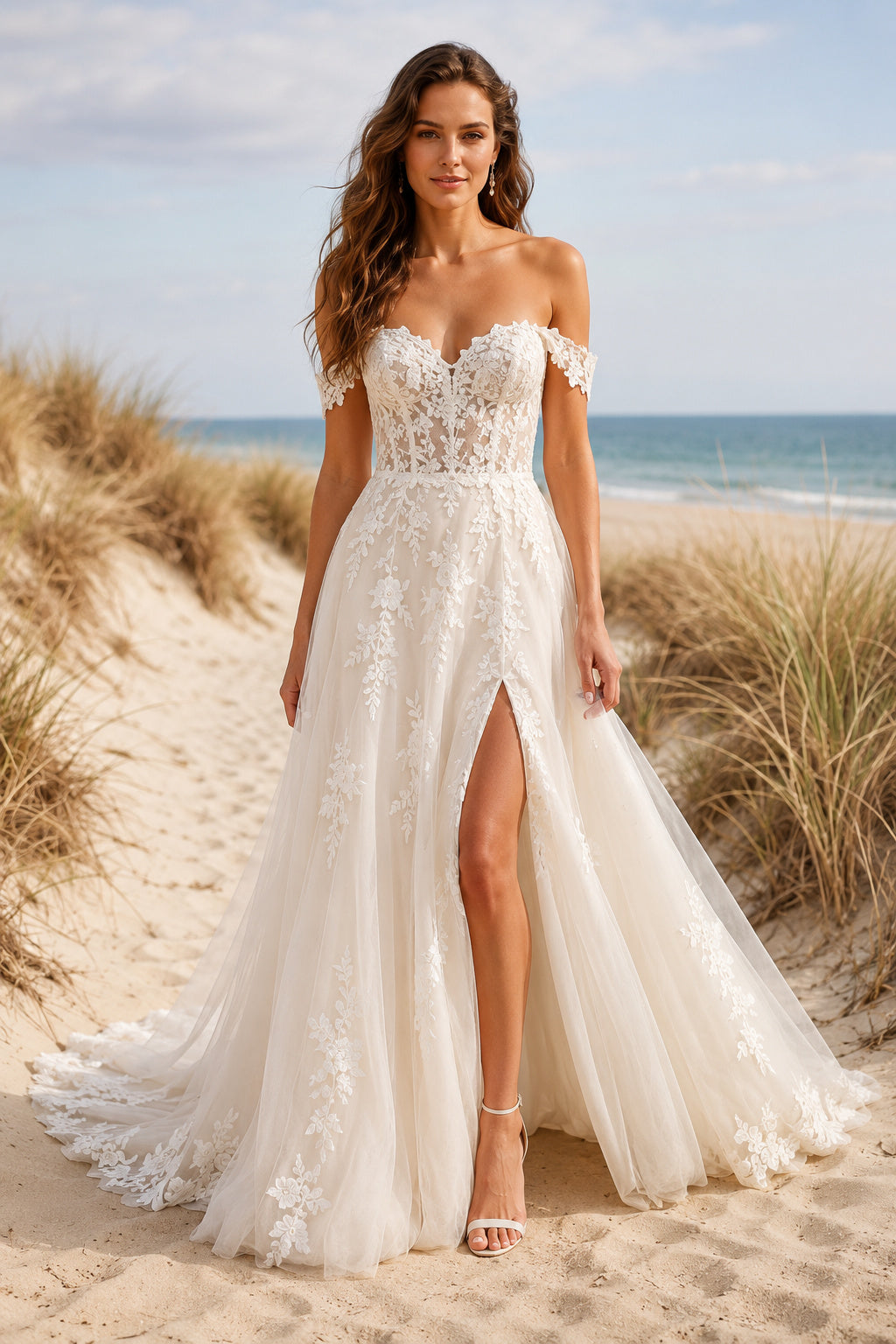 Ivory Off-the-Shoulder Lace A-Line Wedding Dress with High Slit and Train front view
