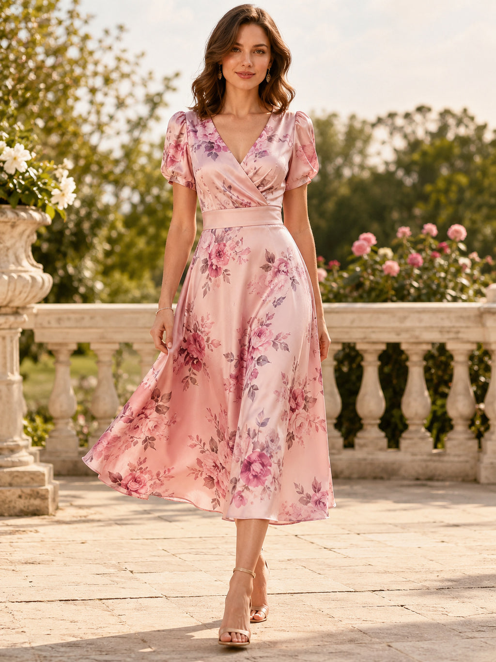 Soft pink floral puff sleeve wrap tea length garden guest dress front view