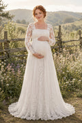 Ivory Maternity Square Neck Long Sleeve Lace A-Line Wedding Dress with Lace Train front view