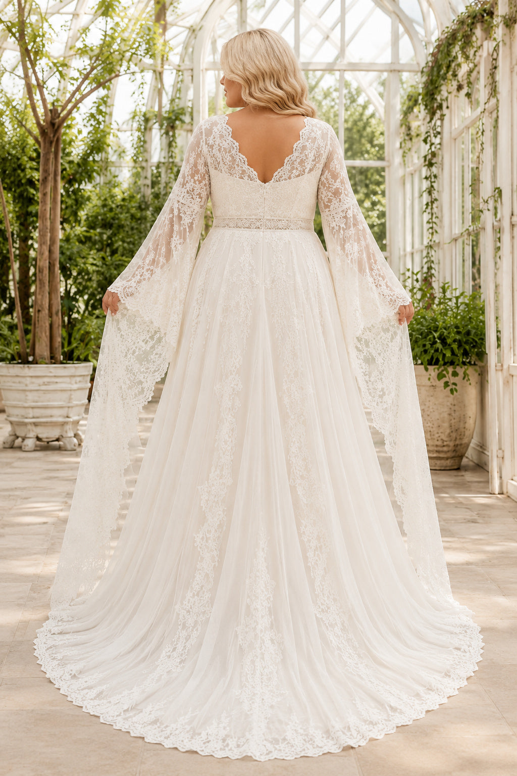 Plus Size Ivory V-Neck Bell Sleeve Lace Tulle A-Line Wedding Dress with Bell Sleeves and Lace Sweep Train back view