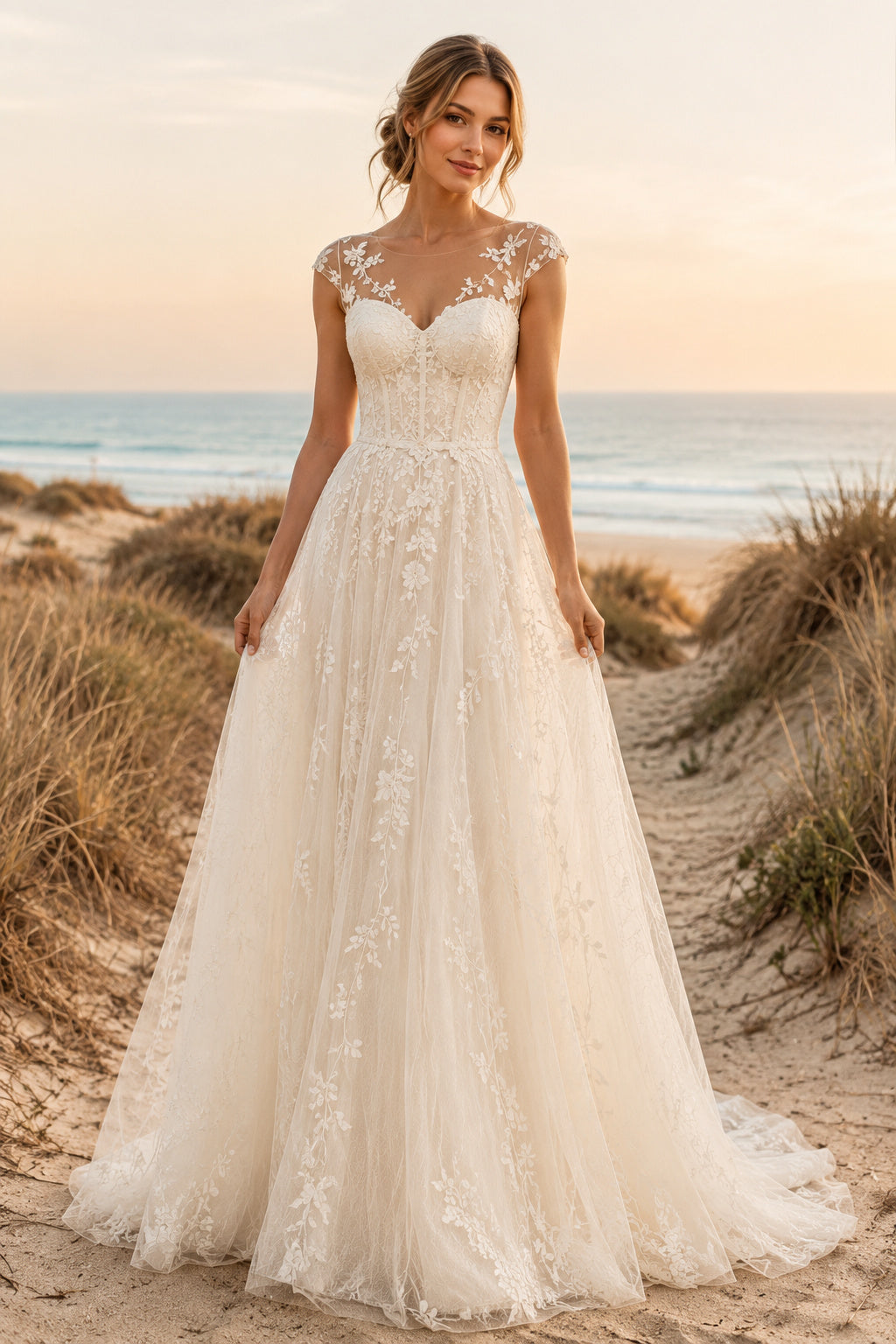 Ivory Cap Sleeve Illusion Lace A-Line Wedding Dress with Sweetheart Bodice front view