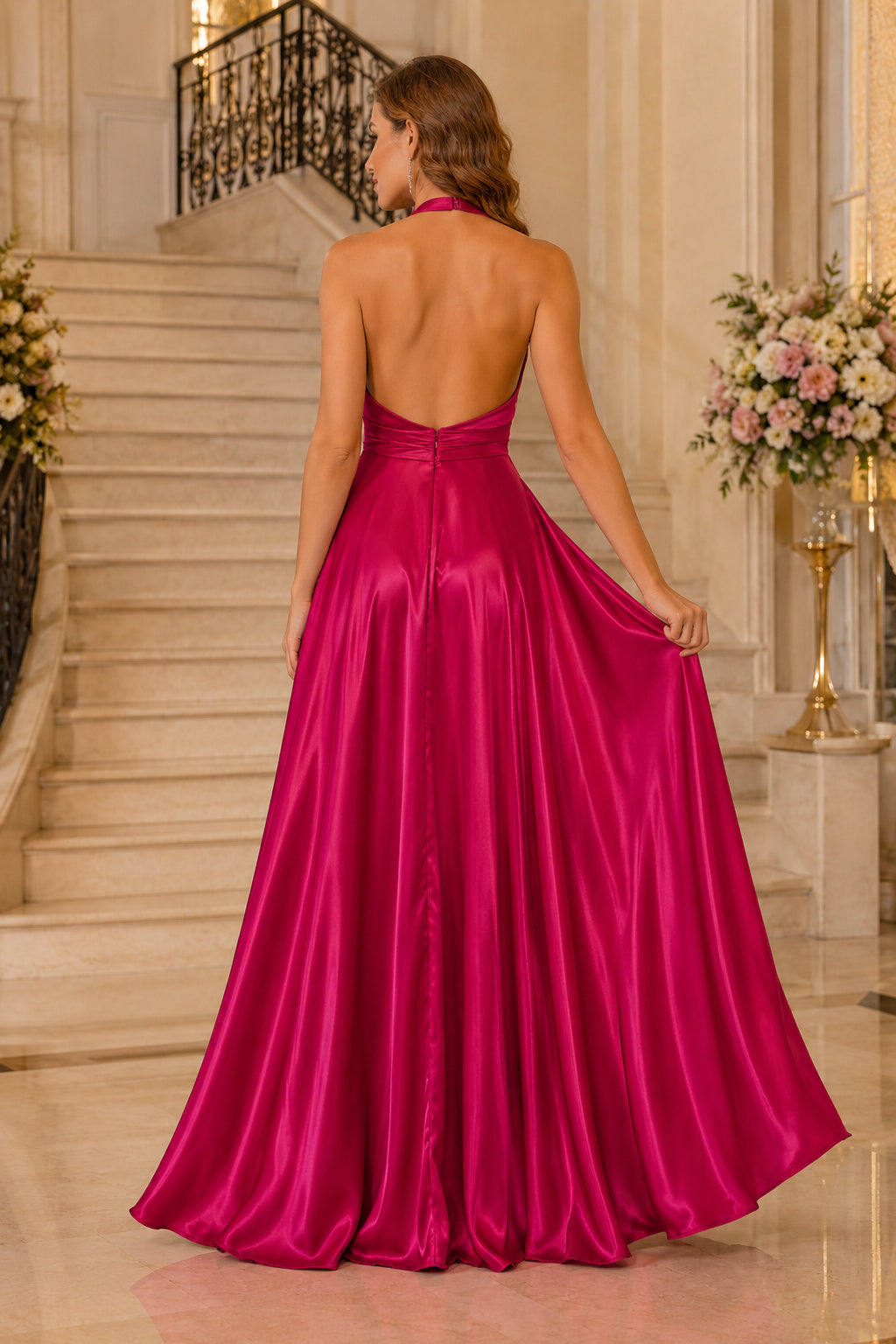 Fuchsia Fuchsia Halter Satin A Line Gown with Full Skirt and Open Back Floor Length A Line Prom Dress back view