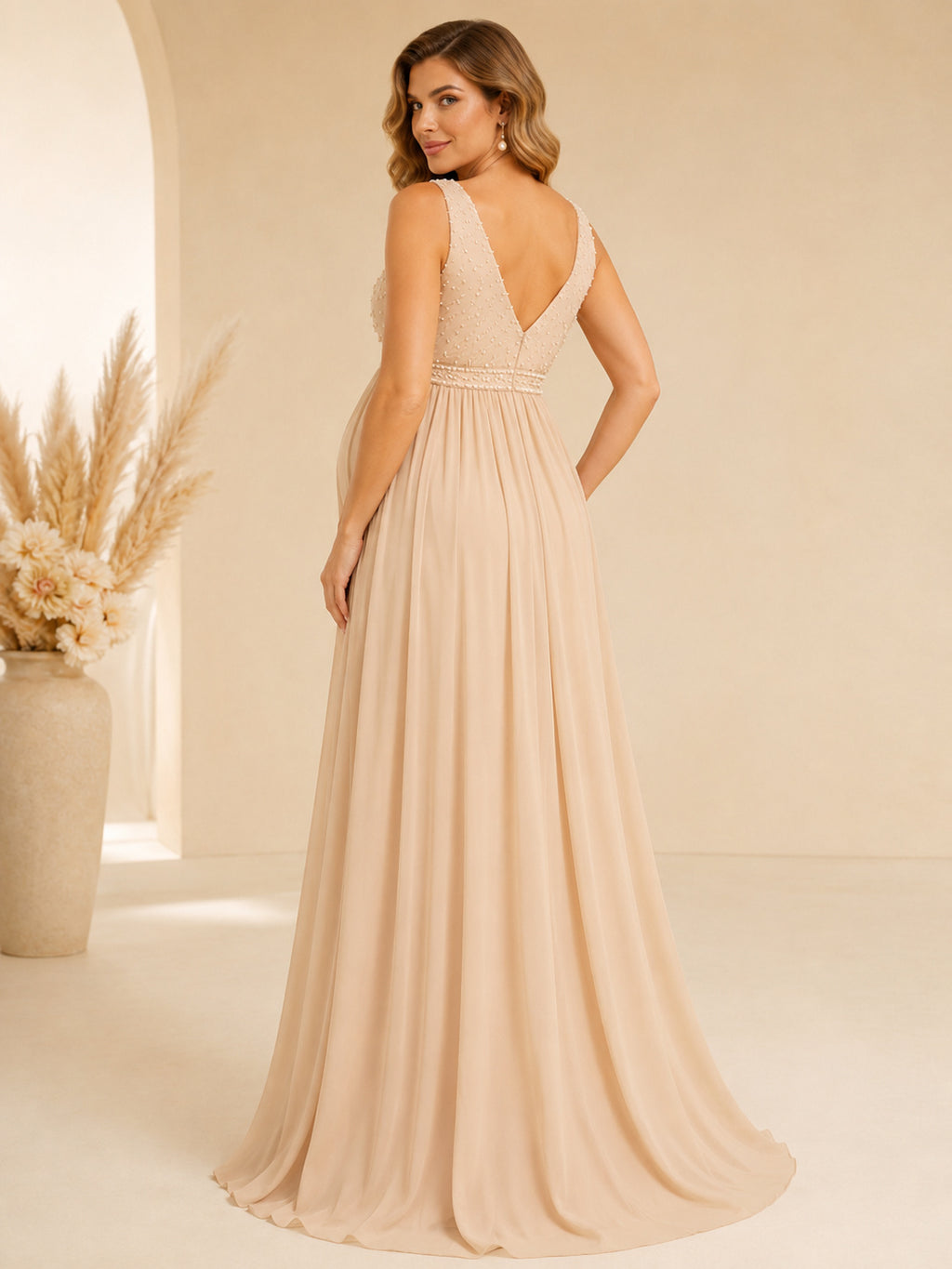 Champagne Maternity V-Neck Beaded Strap Chiffon Empire Sweep Formal Gown back view