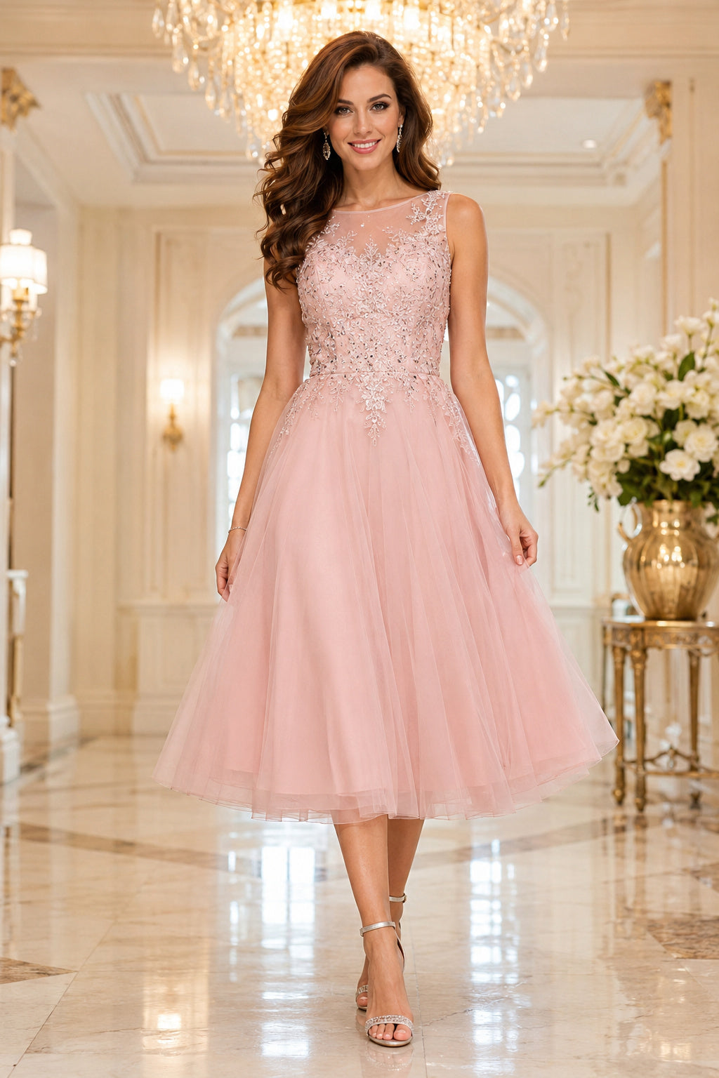 Pearl Pink Tea Length Tulle A-Line Dress with Lace Bodice front view