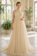 Ivory Off-the-shoulder Mermaid Crepe, Lace Floor-length Wedding Dress With Lace and Front Slit and Open Back Sheer Bodice