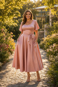 Dusty Rose Scoop Neck Tea-Length Satin A-Line Dress