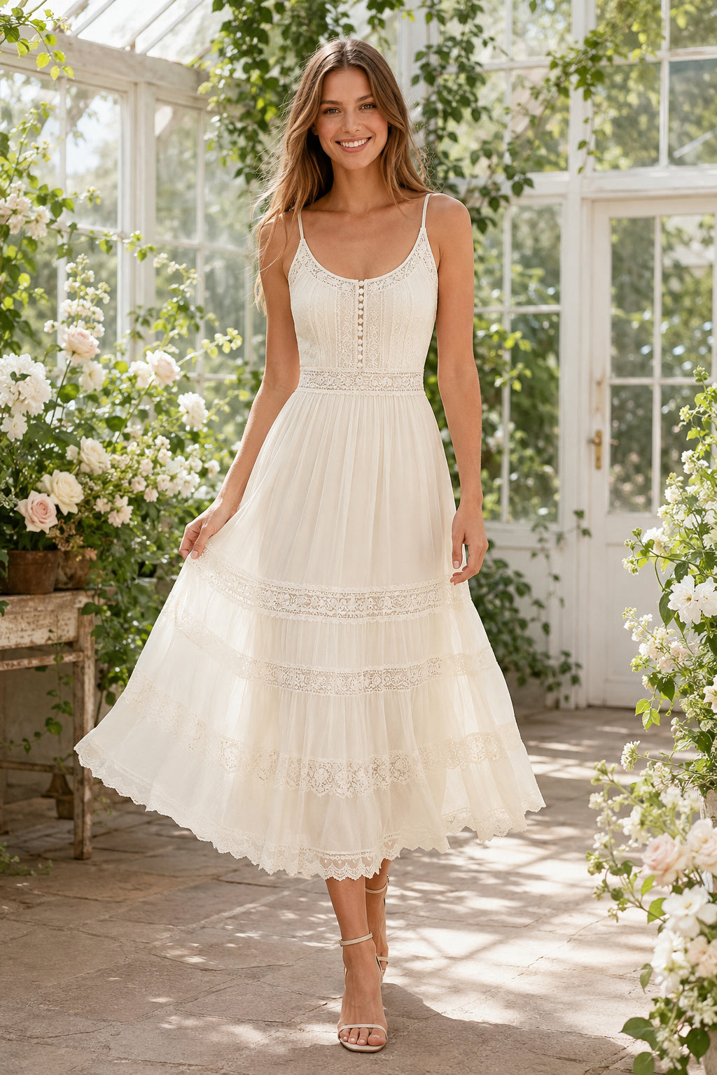 Scoop Neck Strap Tea Length Beach Wedding Dress with Tiered Skirt and Button Front front view